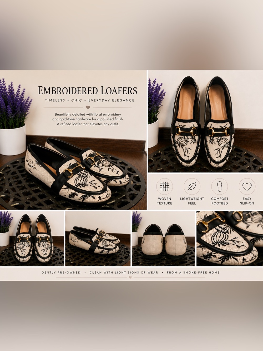 Woven Embroidered Loafers in Black & Cream - Women's Flats